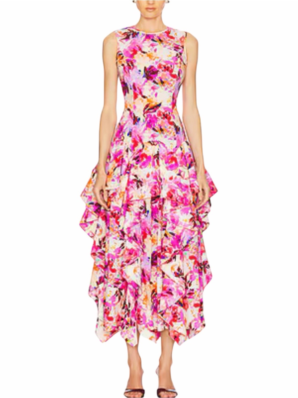 Ulla Johnson Mural Dress Floral Pink Ruffle Sleeveless Drop Waist Midi Dress 8